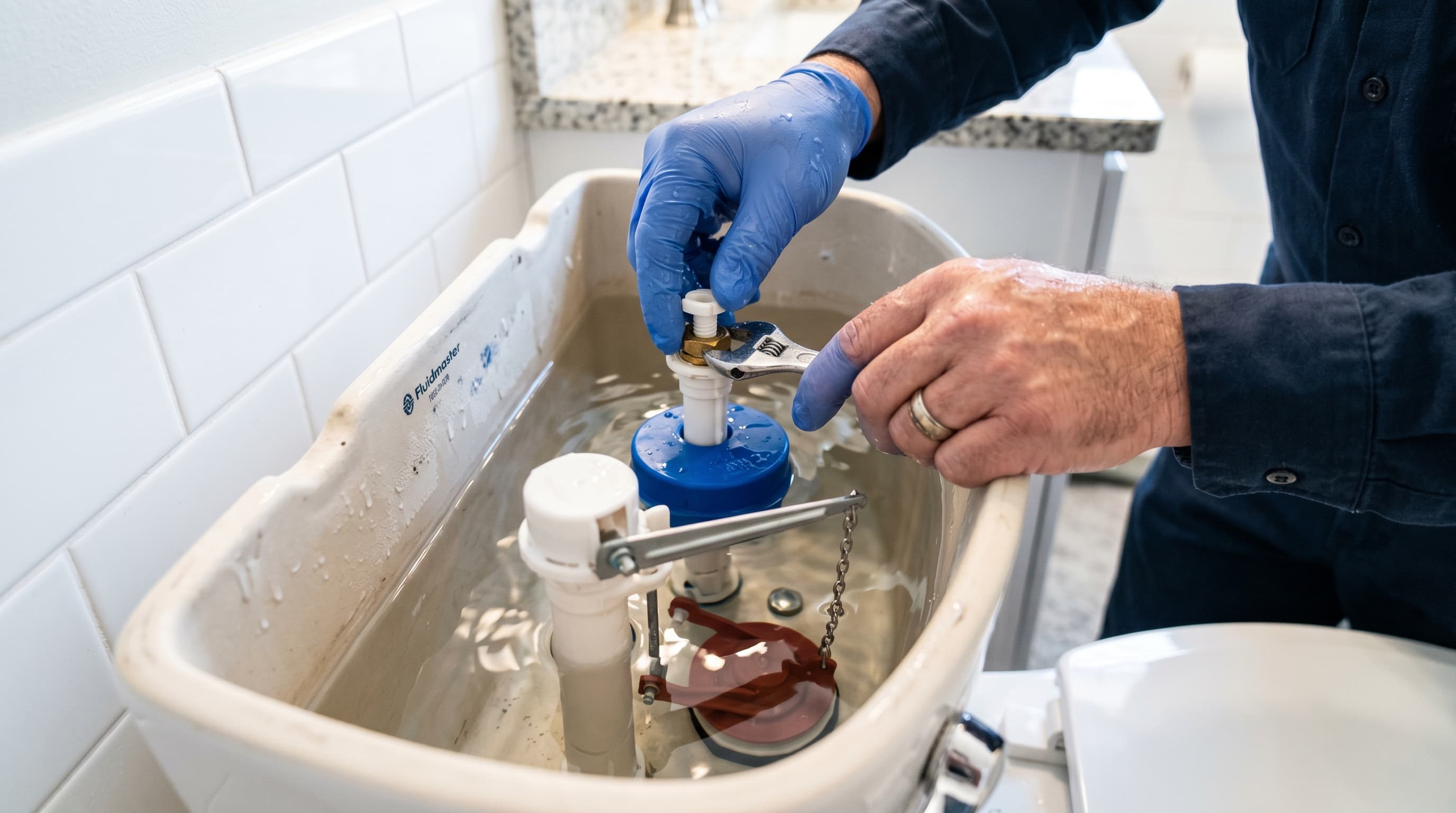 Plumber replacing toilet fill valve and flapper assembly