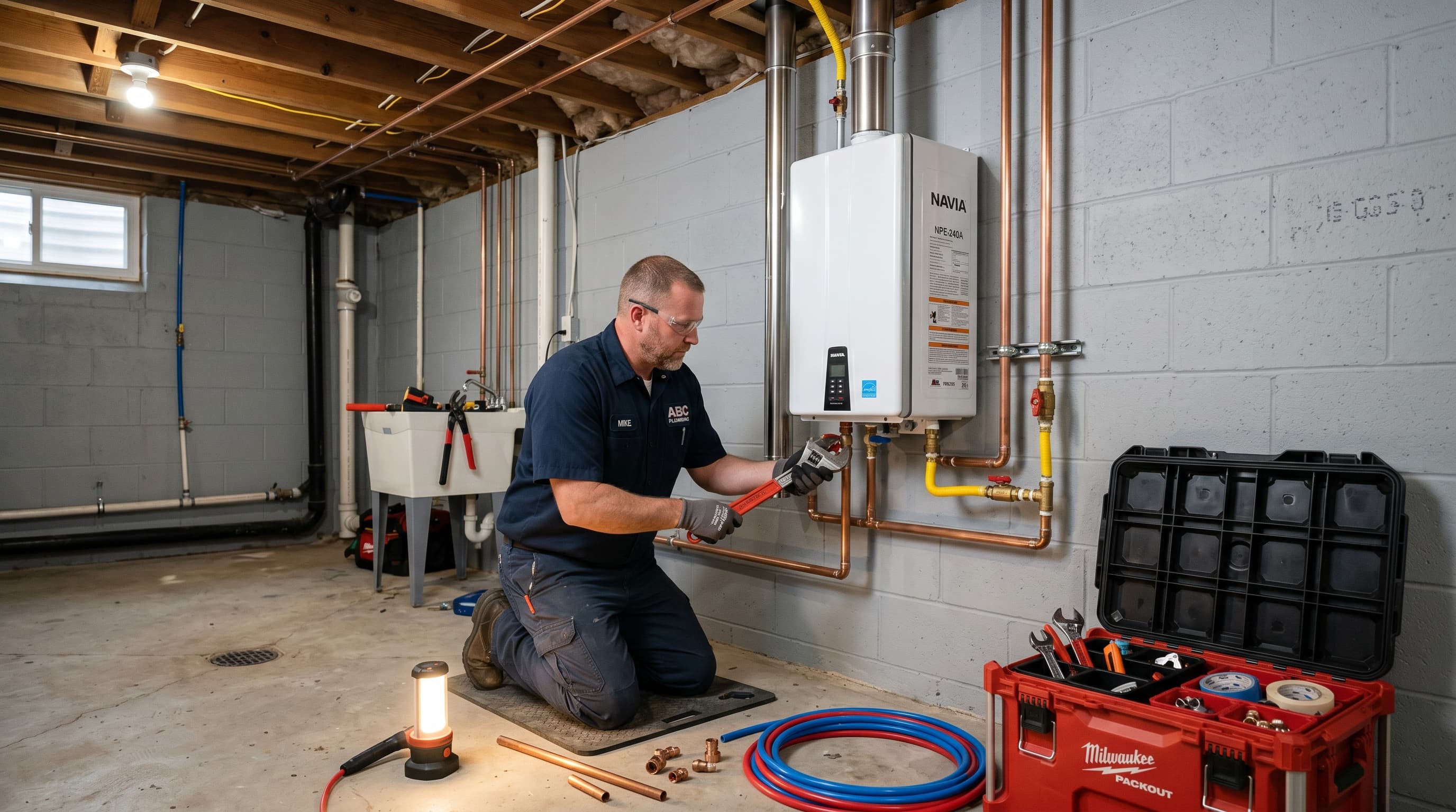 Technician installing Navien tankless water heater in basement
