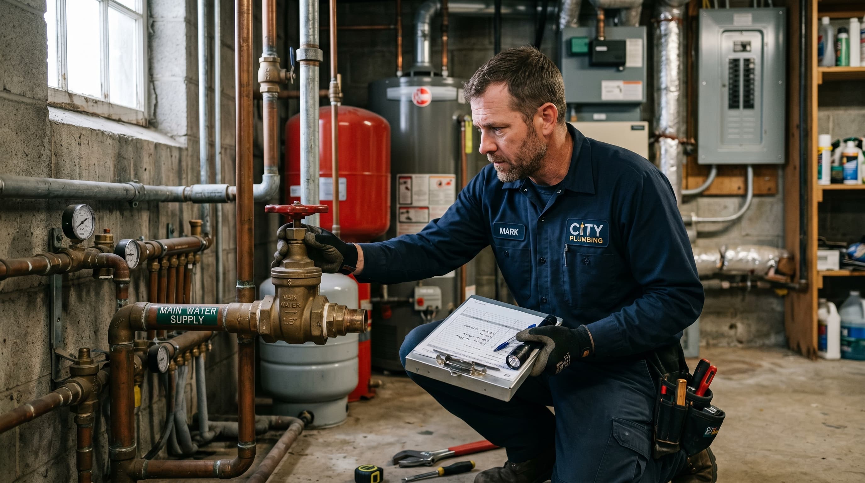 Plumber inspecting main water supply line and manifold