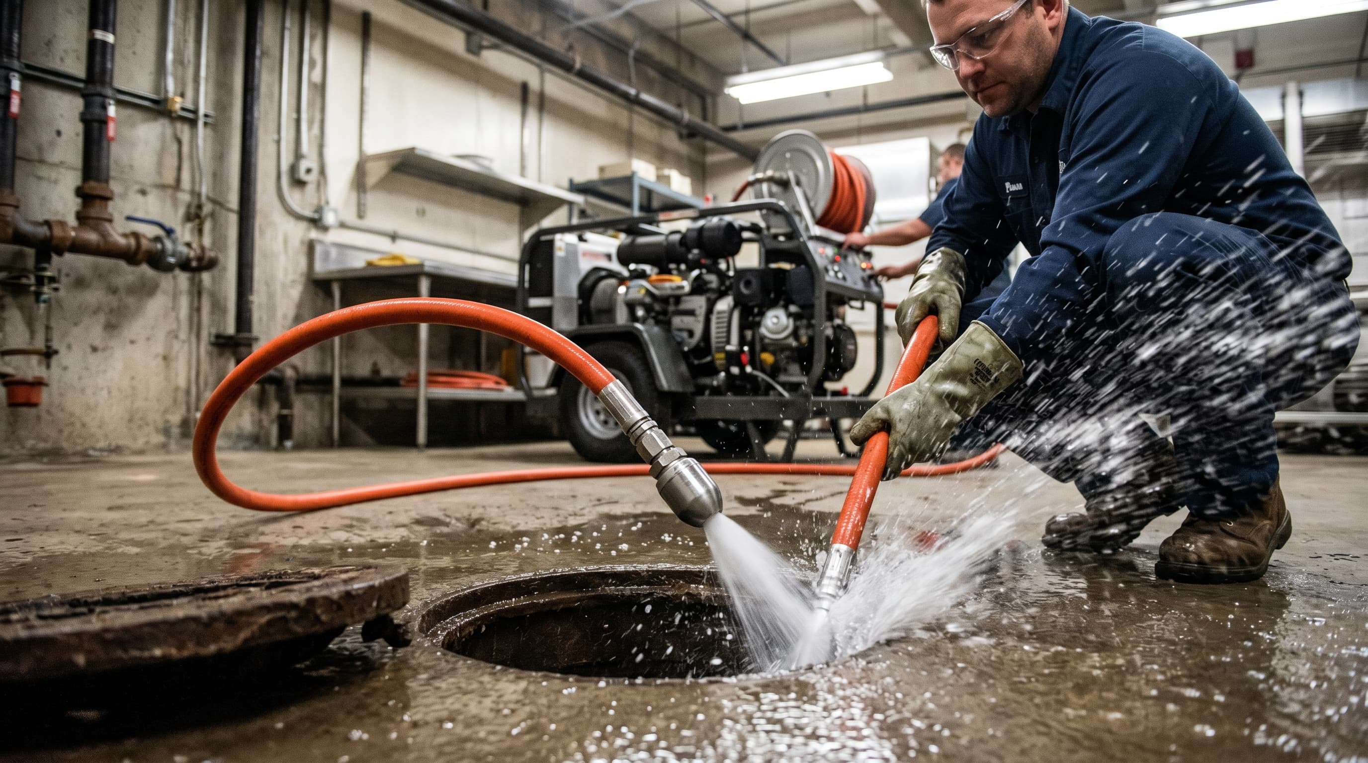 Technician operating hydro-jetting equipment at drain cleanout