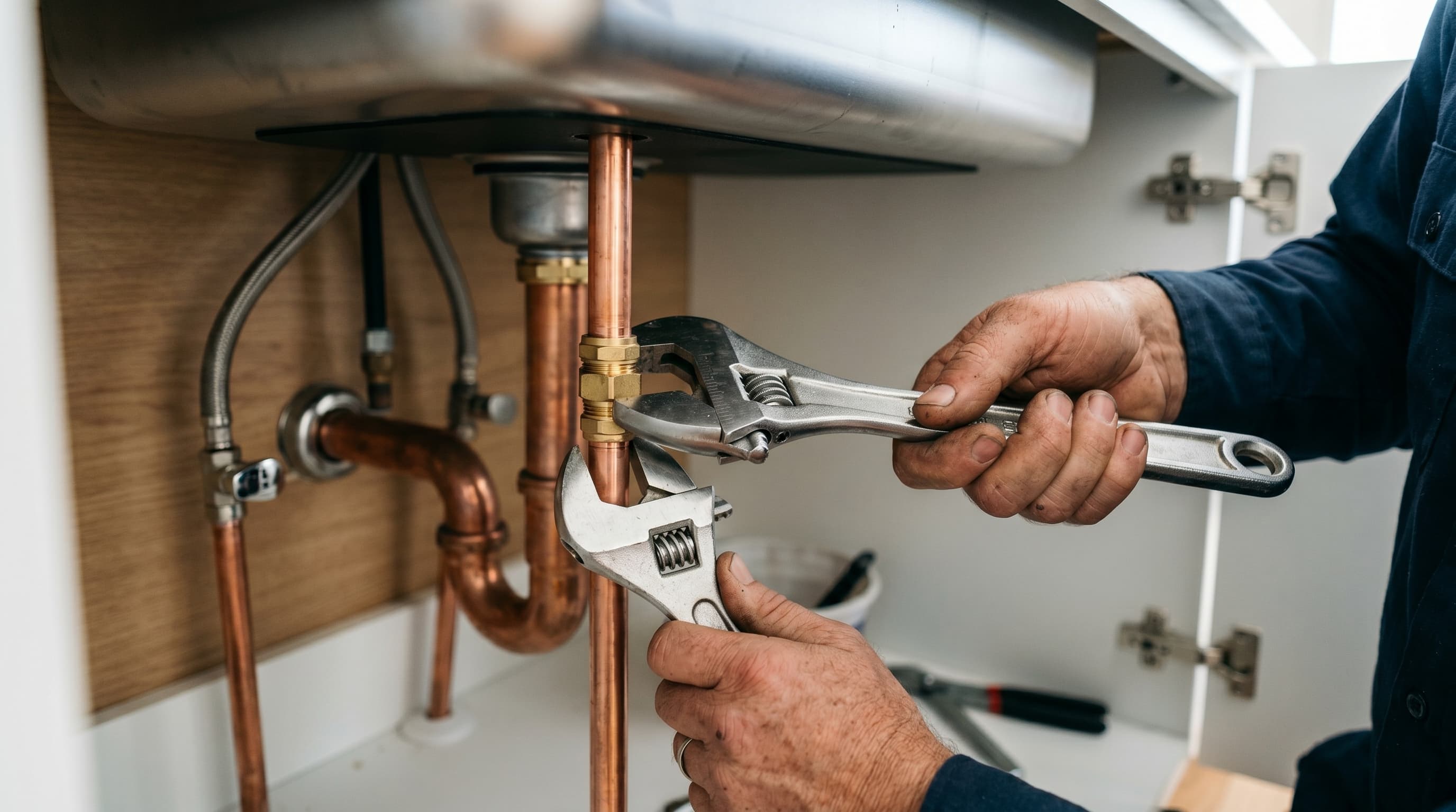 Plumber tightening copper fittings under kitchen sink
