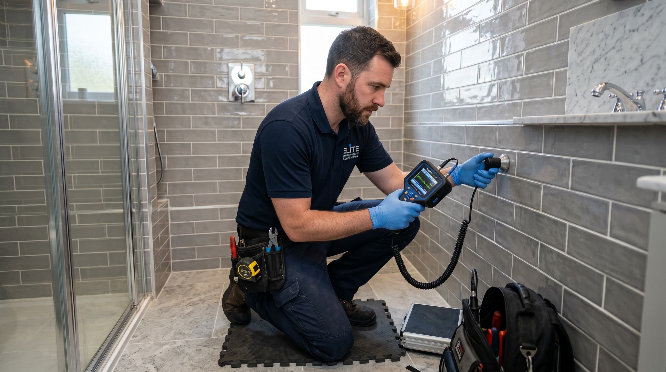 Technician running camera inspection in bathroom drain